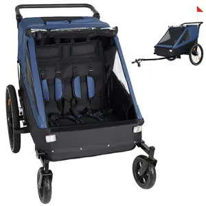 Aobtkel®2 in 1 Kids Bike Trailer and Stroller for 1 to 2 Children, Jogging Function, Foldable Compact Storage with Universal Bike Hitch, 5-Point Harness and Storage Bags, Dark Blue