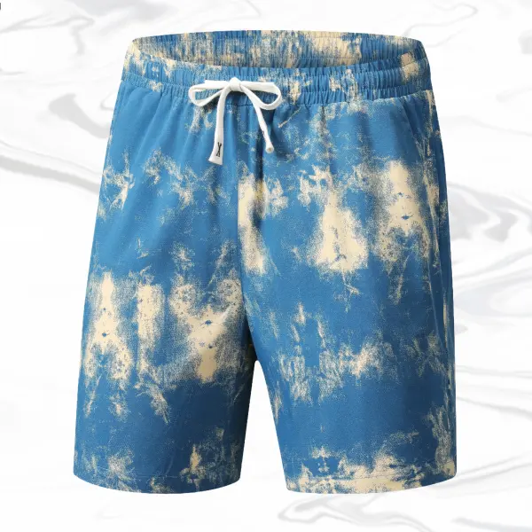 Men's Casual Tropical Tie-Dye Fitted Shorts - Elastane Breathable Fabric, Drawstring Waist, Above-the-Knee, Classic Stylish Menswear Bottoms, Ideal for Everyday Wear & House Parties, Simple