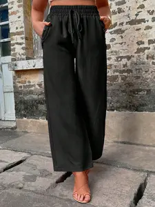 Textured Adjustable Elastic Drawstring High Waist Wide Leg Pants, Side Pockets Button Casual Comfortable Nine-Quarter Women's Trousers