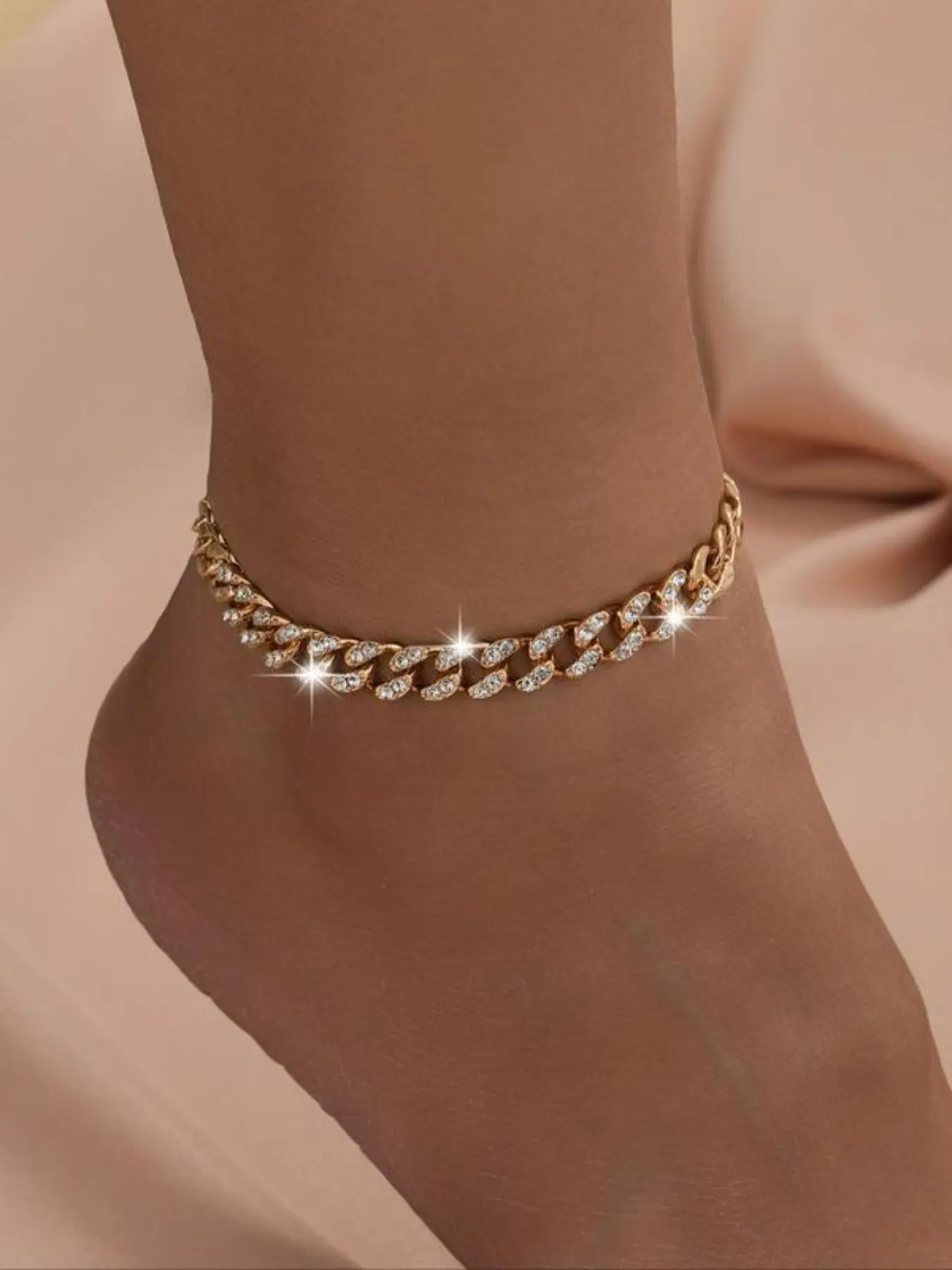 Women's Cuban Chain Anklet Set, Cuban Link Anklets, Crystal Diamond Sparkling Ankle Bracelet, Retro Miami Adjustable Foot Jewelry