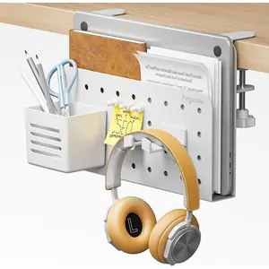Desk Side Storage Organizer, No Drill Under Desk Laptop Holder, Clamp on Desk Shelf with Pegboard Accessories, Hanging Laptop Mount, Fits Flat Edge 0.4" to 2.2", White
