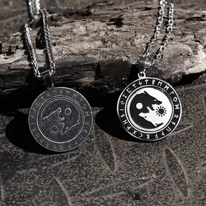 GTHIC Rotatable Skoll and Hati Wolf Runes Stainless Steel Pendant for Men Women Daily Wear Statement Jewelry