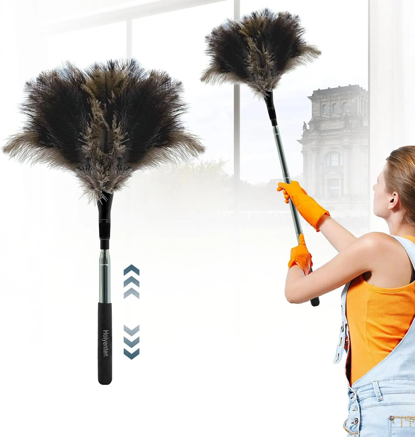 Extendable Feather Duster - 47 inches Soft Long Handle Reusable Feather Duster for Cleaning Ceiling Fan,Hanging lamp, High Ceiling, Blinds, Furniture，Ostrich Feather Duster