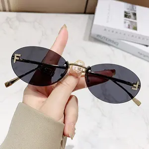 Fashion F Letter Rimless Rhinestone Sunglasses Women Vintage Oval Frame Trendy UV400 Shades