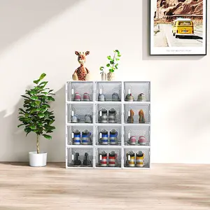 White Medium Size 12PCS Shoe Box Plastic Mesh Free Combination Lightweight Organiser shoe  organizer garage accessories shoe cabinet storage room decor for boys organizer storage Space-Saving Multi-Layer Shoe  Set shoerack rack clear Smooth