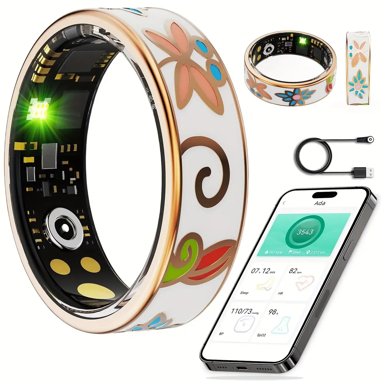 Women's Enamel Ring Fitness Tracker, Step Distance Calorie Control, Free APP Compatible iPhone Android, Gift for Wife Mom Women, Smart Ring, Wearable Devices, Health Tracker Ring