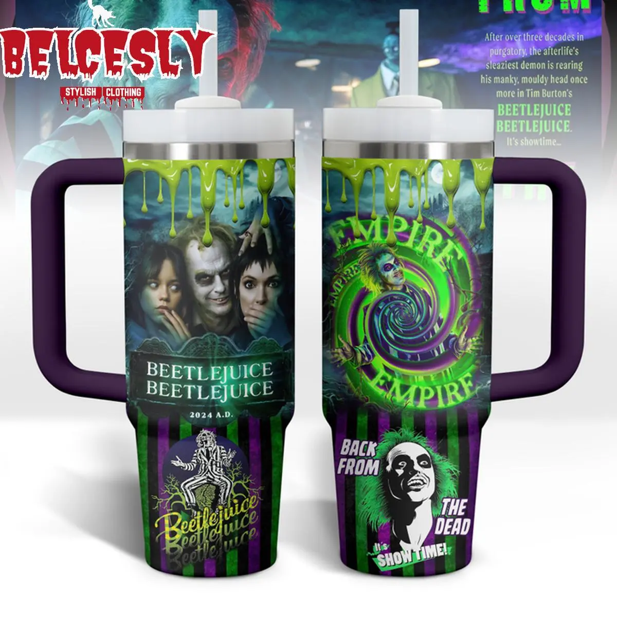 Beetlejuice Beetlejuice 2024 40oz Tumbler with Handle & Straw, It’s Showtime Gothic Comedy Insulated Cup, Green Purple Afterlife Travel Mug, Halloween Movie Fan Gift