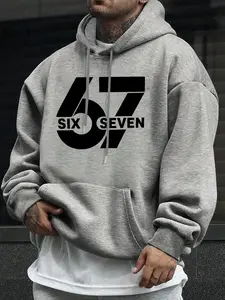 Men's 67 Number Print Hoodie, Fashionable Comfortable Casual Fitted Sweatshirt, Ideal for Daily Wear and Sports, Fall & Winter, Graphic Print Hoodie