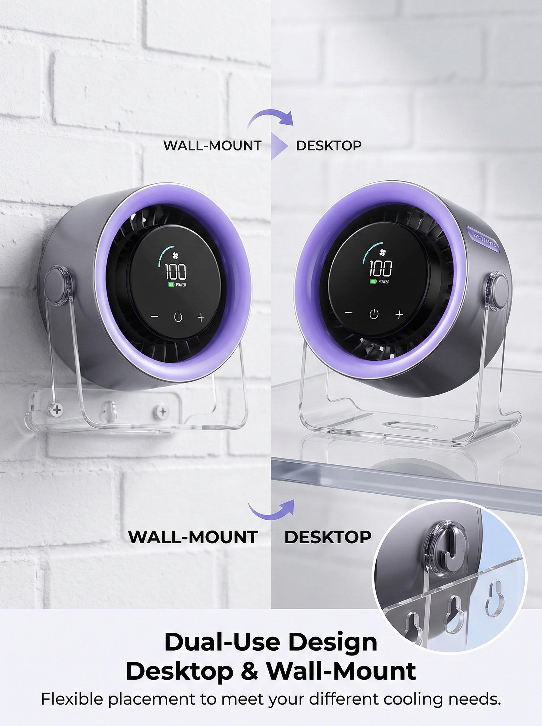 Desktop Fan Turbo Table Fan Travel Vacation Essentials for Office 100-Speed Digital Display Low Noise Rechargeable Battery Dual Adjustment Modes Quiet Cooling Quiet Desk Fan Portable, Purple