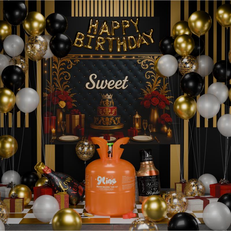 Helium Tank for Balloons At Home 13L Helium Tank,50 Pcs 12-lnch Black&Gold Latex Balloons, 15 Foil Balloons, 1 Happy Birthday5.9X3.6Ft Backdrop,8 Accessory Tools