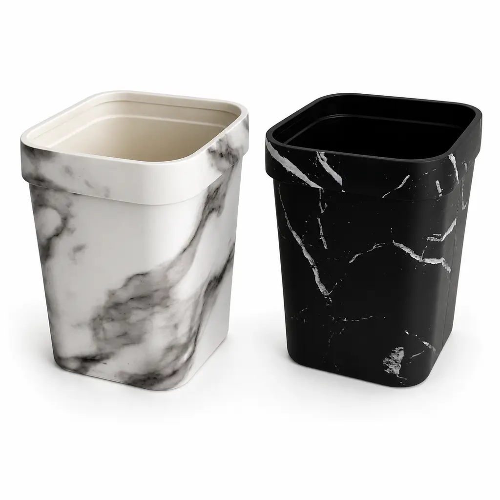 7L Hands-Free Plastic Touchless Sensor-Activated Double-Lid Bin - Waterproof Black-White Marble Pattern, Compression Ring, Thick Plastic, Space-Saving Smooth Design, Single Box for Minimalist Bathrooms, Daily Use Hands-Free Waste Bin
