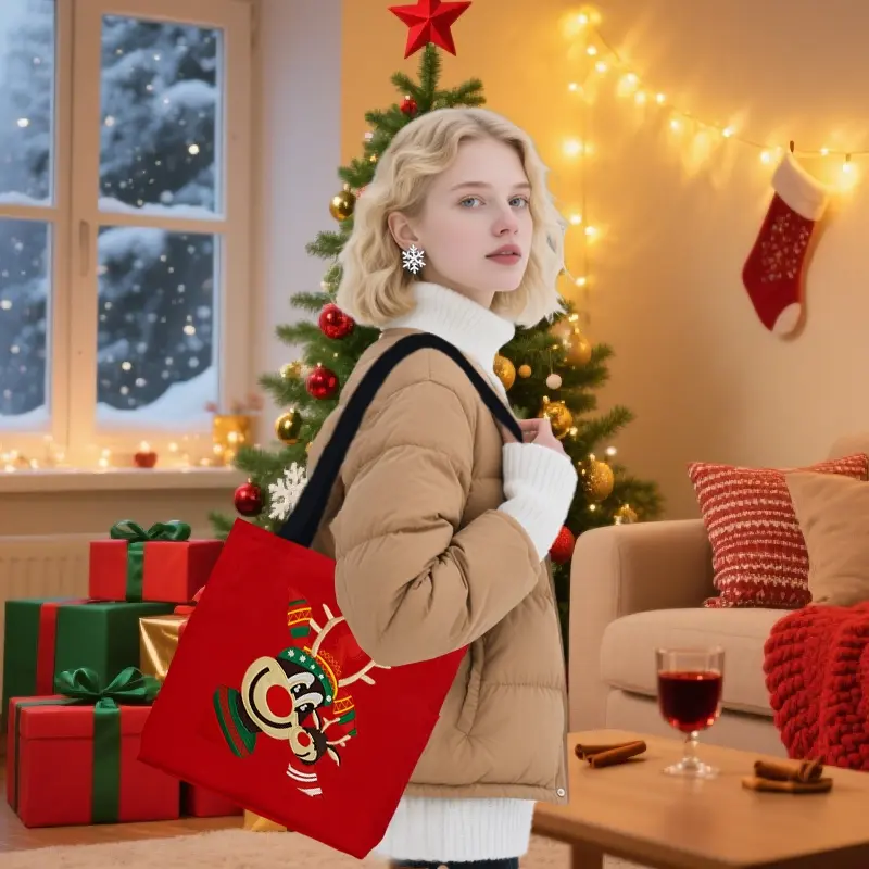 Christmas Deer Handbag, Embroidered Letter Number Design, Large Capacity, Casual Unisex Bag for All Seasons