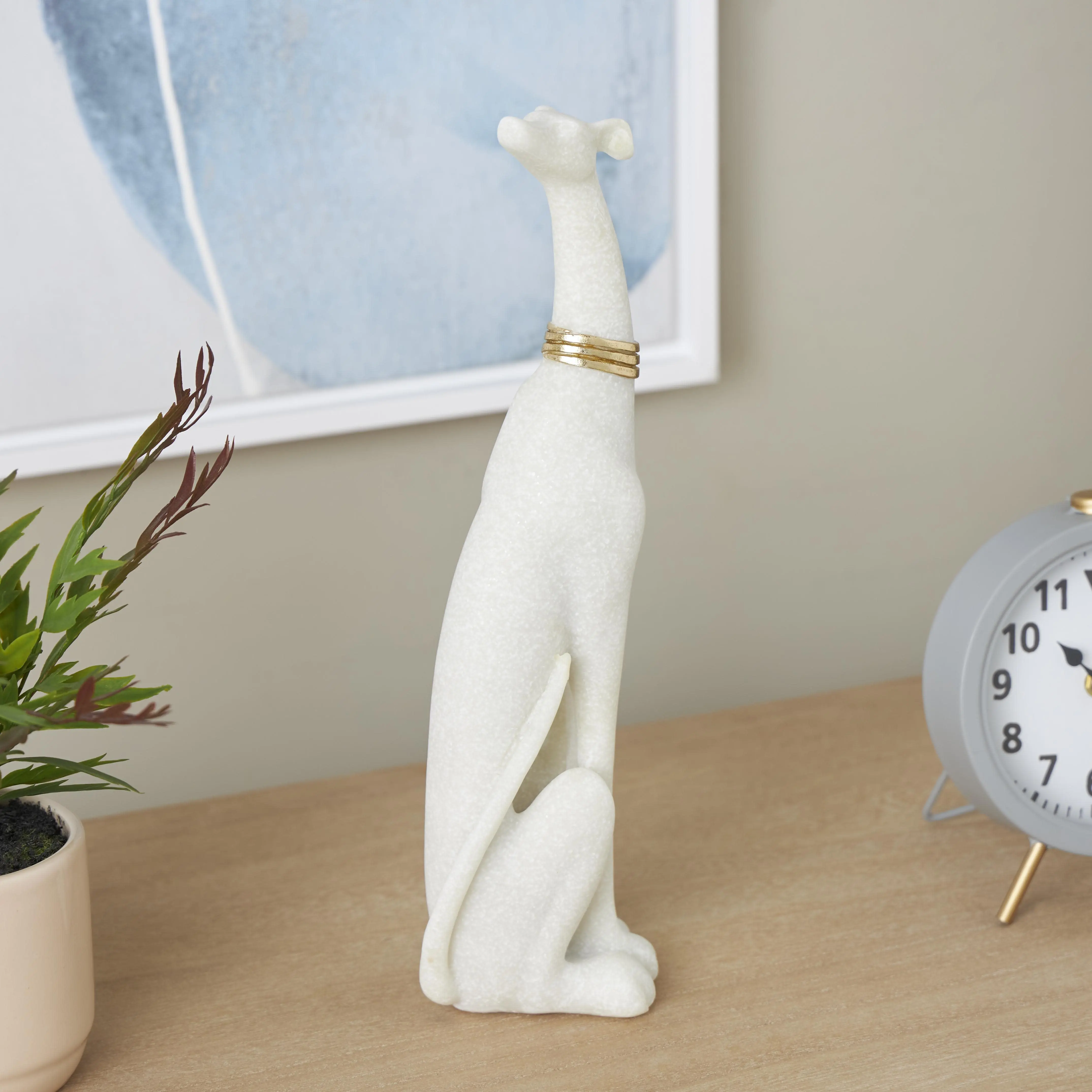 Cream Polystone Dog Sitting Decorative Sculpture with Gold Collar, 3" x 4" x 15"