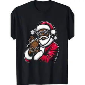 Men's Hip Hop Santa Graphic Tee in Black with Red Suit Sunglasses Short Sleeve Comfortable Cotton Festive Snowflake and Star Motifs Ideal for Christmas and Casual Outings