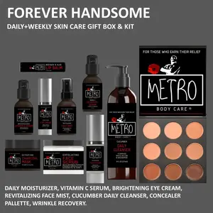 Forever Handsome Daily+Weekly Skincare Set - 10 Self-Care Products Full-Size. Face Mist. Recovery Serum. Brightening Eye Cream. Moisturizer. Vitamin C Serum. Daily Cleanser. Concealer Palette. Lip Balm. Exfoliating Face Scrub. Detoxifying Charcoal Mask.
