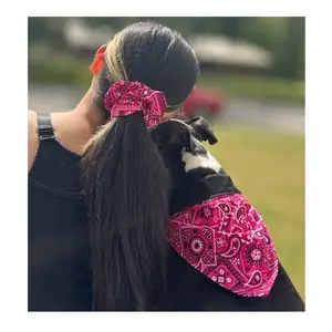 Matching Set for Dog Mom Handmade Dog Bandana 2 Pack Scrunchies Pink Paisley Print for Buckle Collars Soft No Tie Design