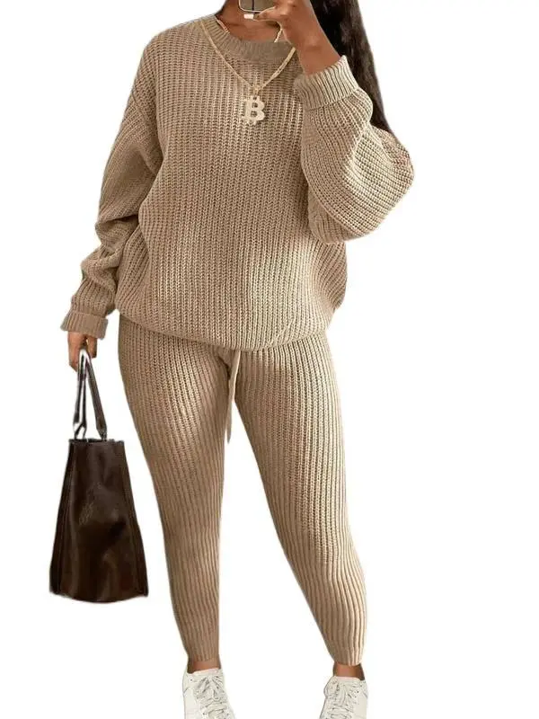 Women's Solid Drop Shoulder Long Sleeve Sweater & Drawstring Waist Pants Set, Casual Fashion Cozy Knitwear for Daily Wear, Ladies Fall & Winter Clothes
