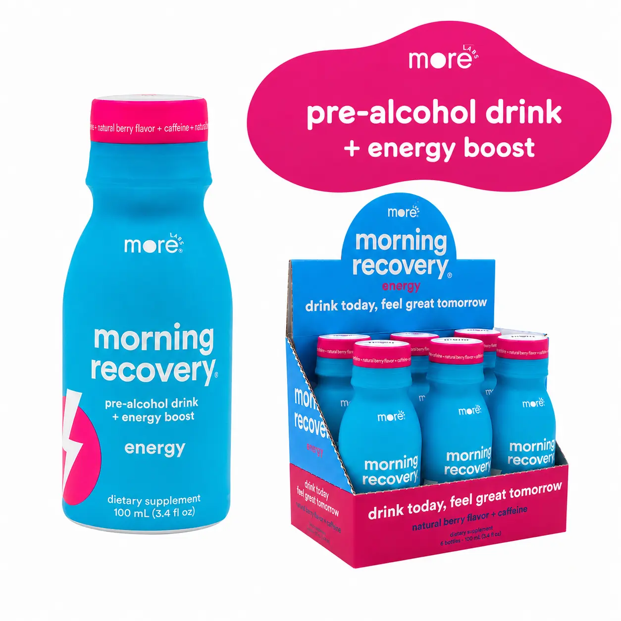 MoreLabs Morning Recovery Pre-Alcohol Drink + Energy Booster Beverage for Feeling Better After Drinking and Liver Support 100mL x 6/12/24 Pack