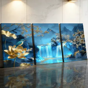 3 Counts Wooden Framed Canvas Painting, Elegant Blue Waterfall Bird And Lotus Images, Exquisite Poster, Perfect Gift, Decor For Living Room, Bedthroom, Modern Art, Fashion Family Poster, Wall Art Decoration