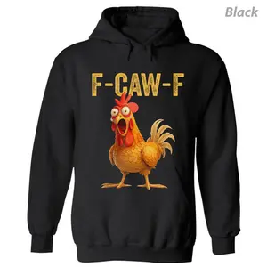 F-Caw-F Rooster Graphic Hoodie, Funny Cotton Pullover for Men and Women, Casual Long Sleeve Hoodie with Cartoon Chicken Print, Apparel Made in the USA	