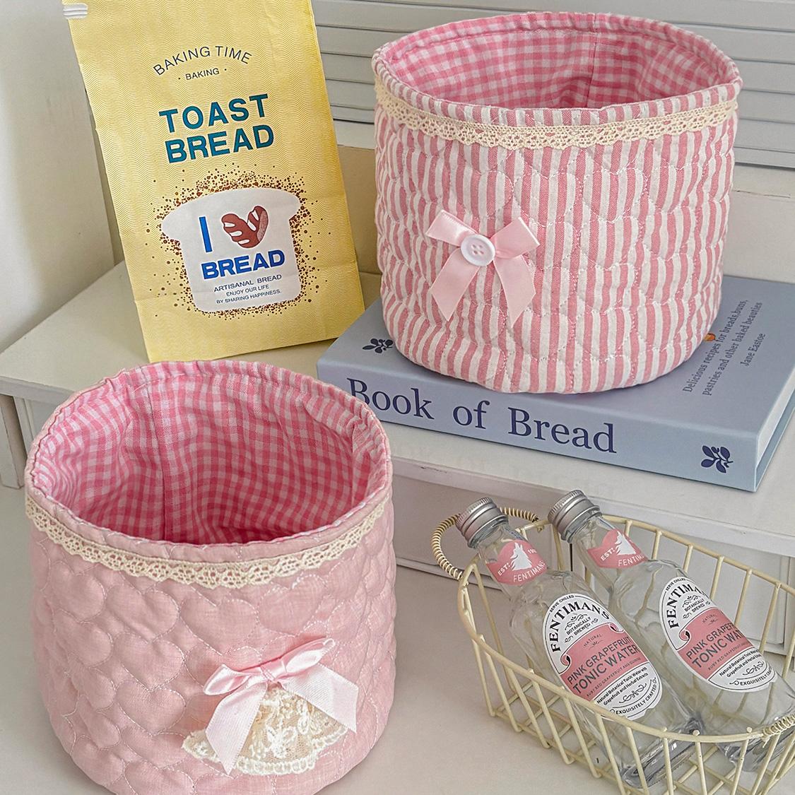Round storage basket with bow heart patchwork design, plaid lining fabric storage basket, girly desktop organizer