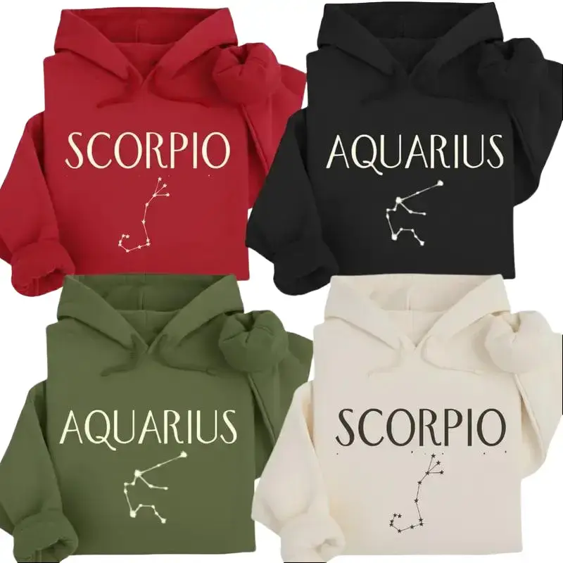 [Full 12 Zodiac] Minimalist Zodiac Hoodie – Star Sign Graphic Sweatshirt for Men and Women, Cozy Unisex Pullover, Perfect Gift for Zodiac & Horoscope Lovers