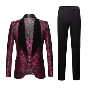 Mens Suit 3 Piece Slim Fit Jacket Feather Pattern Blazer Coat Pants Sets Stylish Shawl Tuxedo for Party Dinner Prom--Purple suits Men's Three-Piece vintage  suit prom suit party suits