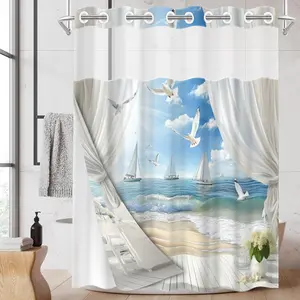 1PC/4PCS 2D Flat Printing Blue and White Sea View with Sailboats and Seagulls shower curtain with 12 hooks, home bathroom decor, Bathroom Decoration Accessories, non-slip bathroom rug, U-shaped toilet seat cover
