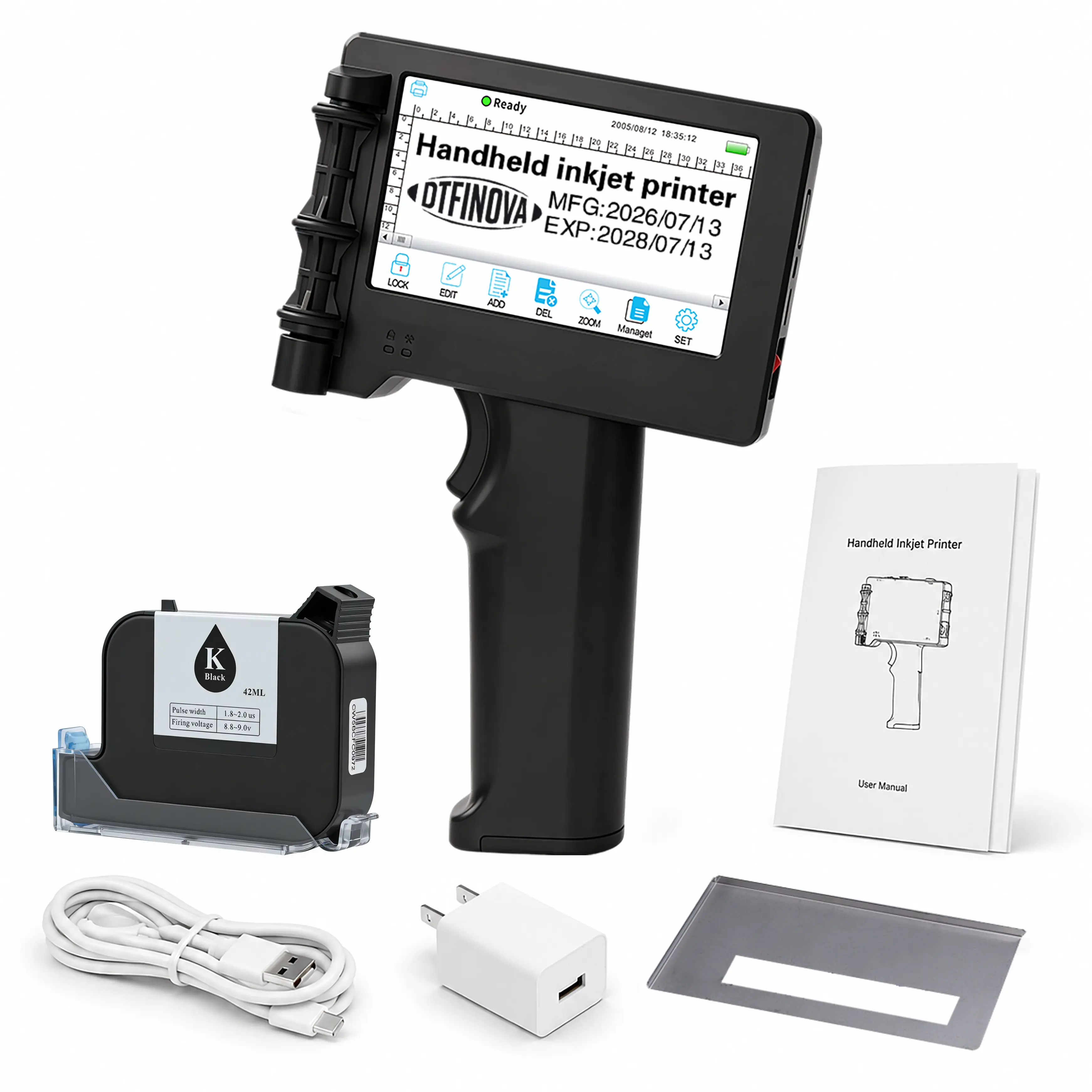 DTFINOVA Handheld Inkjet Printer 4.3" Touchscreen, No App Needed, Date Code QR Barcode Printing Machine for Cardboard Plastic Metal Wood, Portable Fast Dry Ink Coder