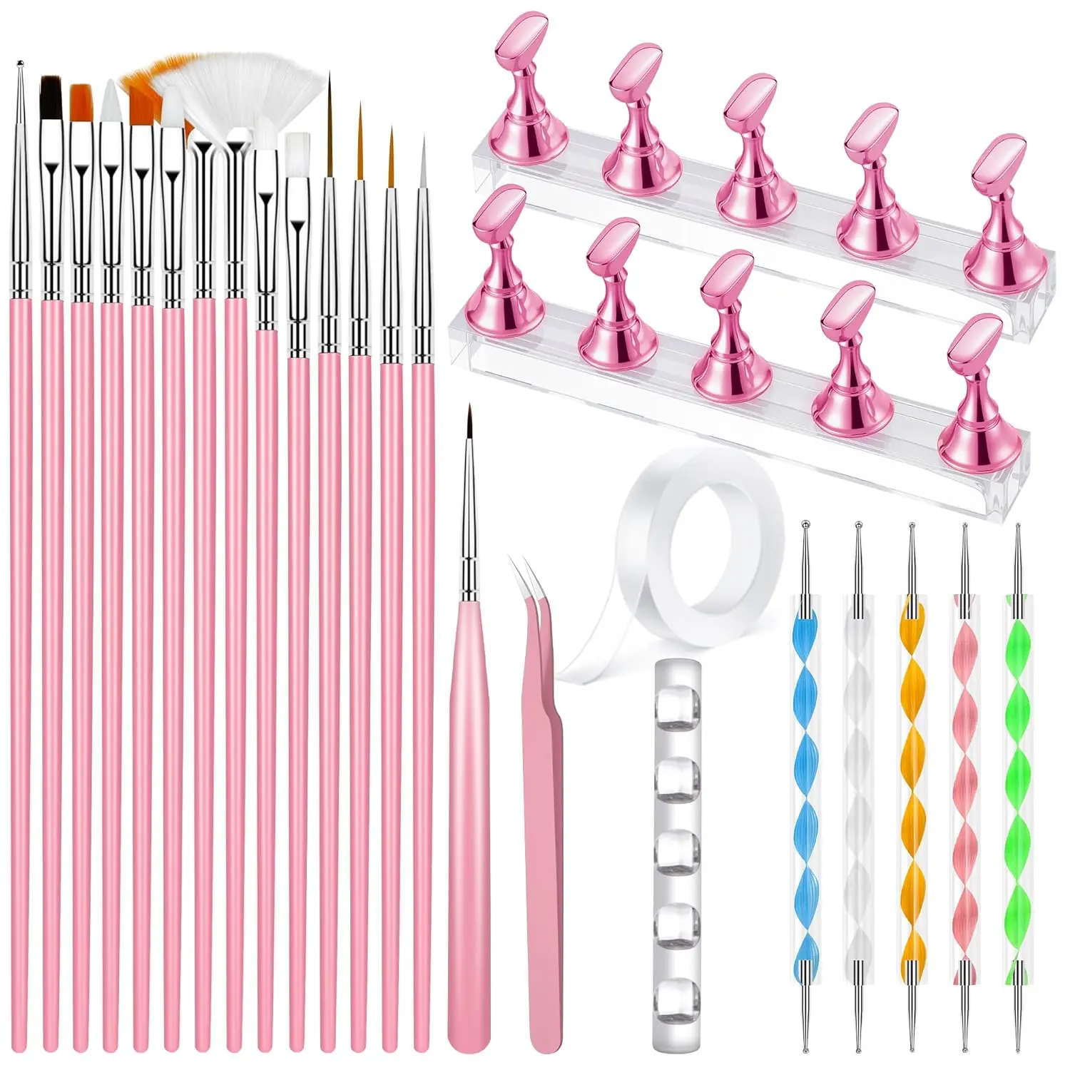 Nail Art Tools Set, 15 PCS Nail Art Brushes, Nail Stand for Press Ons, 5PCS Nail Dotting Tool and Brush Rack with Double Sided Tape Tweezers for Home Salon DIY Beginner Supplies
