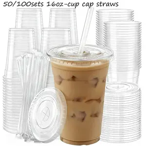 50/100 Pack Disposable Cups with Lids and Straws, 16oz BPA-Free Plastic Cups, Ideal for Iced Coffee, Smoothies, Milkshakes, Juice, Home, Office, Parties, Plastic Cups with Dome Lids