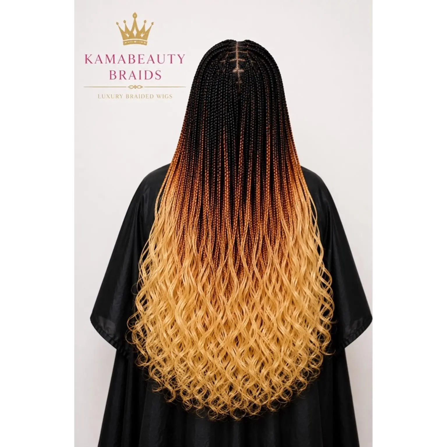 KAMABEAUTY BRAIDS Premium French Curly Braided Wig Ombre Black to Blonde 1B/27 40 Inches Lightweight Heat-Resistant Synthetic Fiber Adjustable Straps Secure Combs