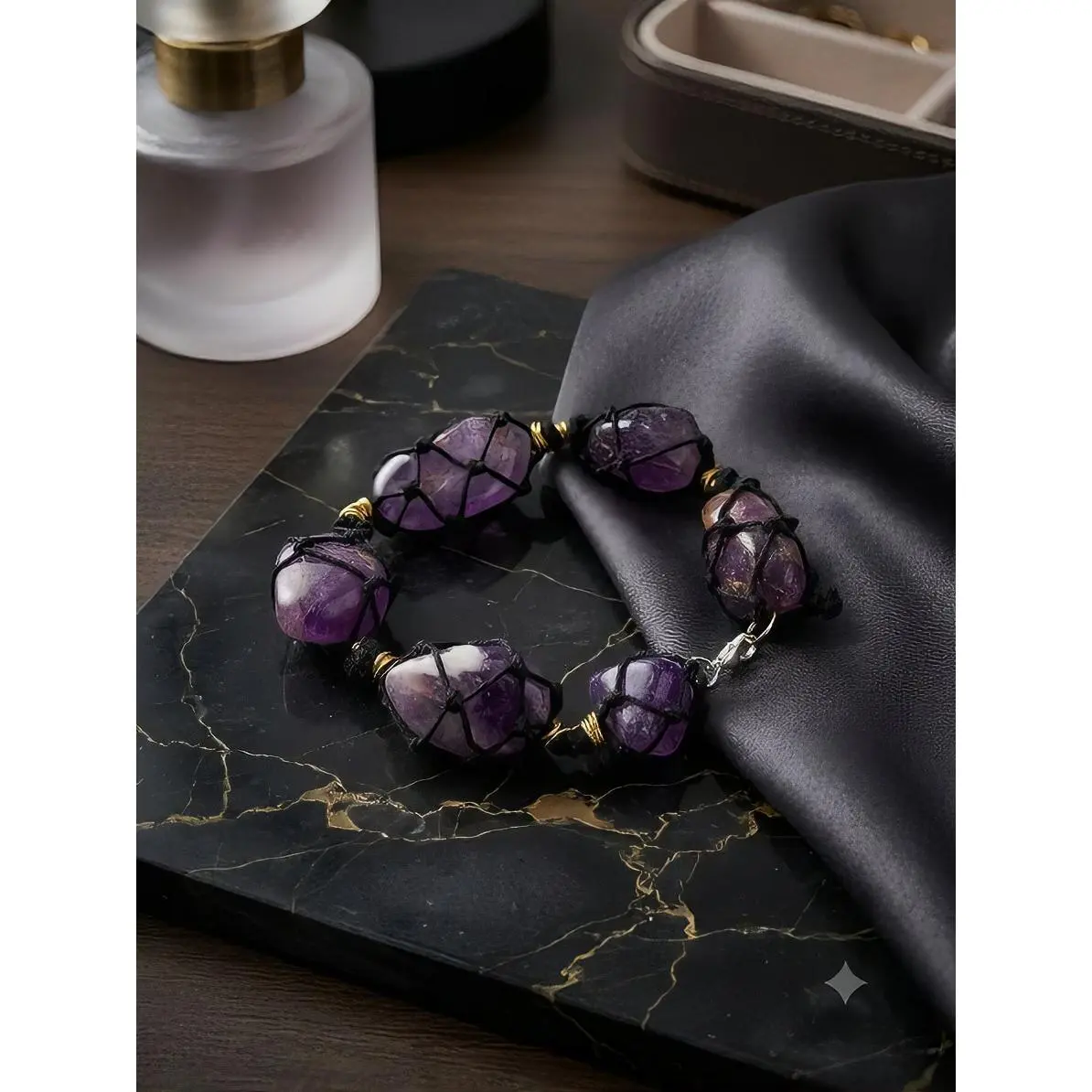 Handcrafted Raw Amethyst Macrame Net Bracelet with Gold Wire Accents & Silver Clasp for Protection & Calm - Genuine Crystal Jewelry