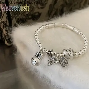 2026 New Arrival Cute Rabbit & Romantic Love Heart Charm Bracelet For Women, 925 Sterling Silver Dainty Fashion Jewelry, Aesthetic Adjustable Link Bracelet, Perfect Birthday Gift Anniversary Present For Girls, Daily Wear Dating Party Holiday Dress Up Love