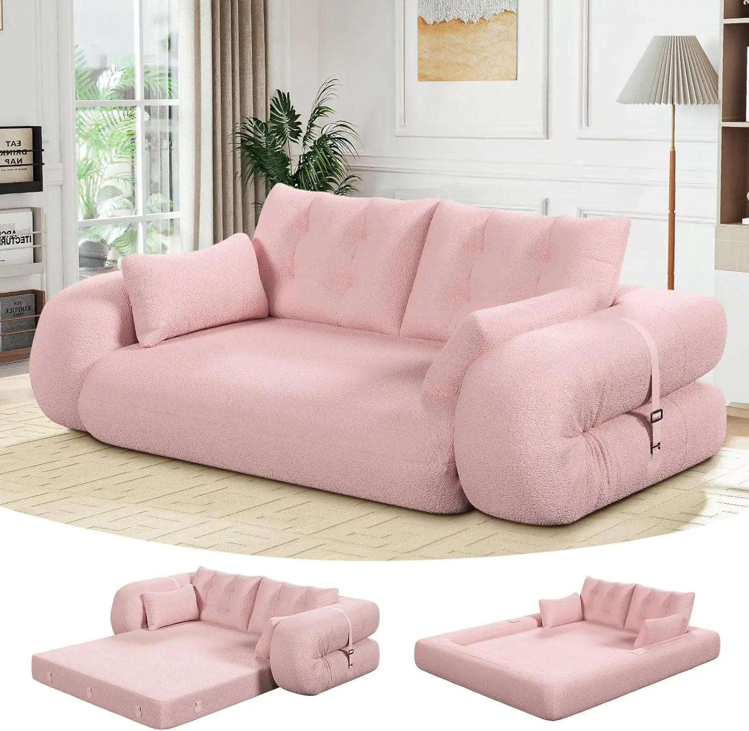 78.7in Convertible Sleeper Sofa - 3-in-1 Multi-Use Folding Teddy Futon, Upholstered Deep Seat Lazy Couch, Dual-Use Bean Bag Chair for Living Room, Bedroom (Pink)