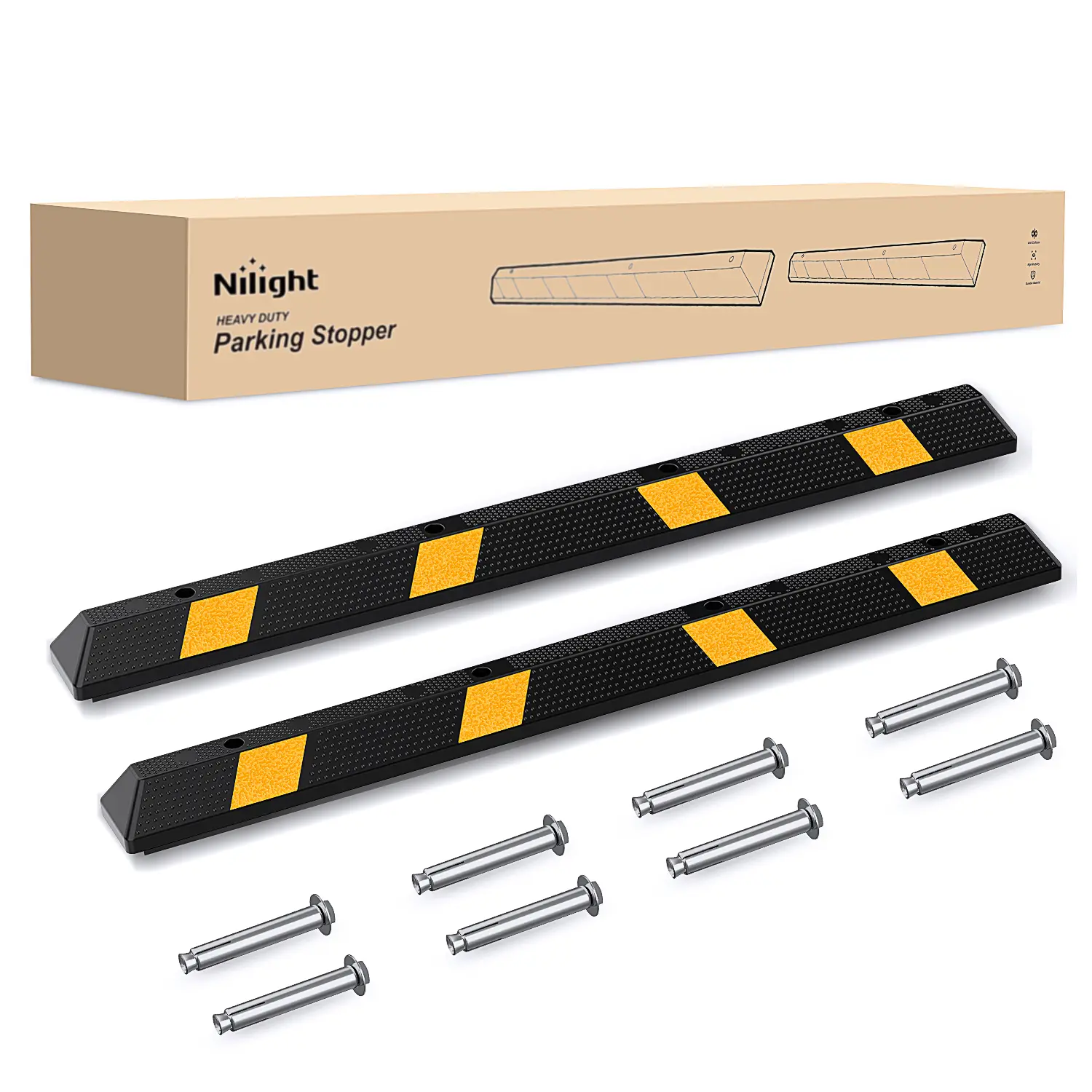 Nilight 72-Inch Heavy Duty Rubber Automotive Parking Curb 2-Pack, Truck Wheel Stopper with Reflective Strips & Stickers, Easy to Spot Parking Aid with Hassle-Free Installation, Reflective Sticker