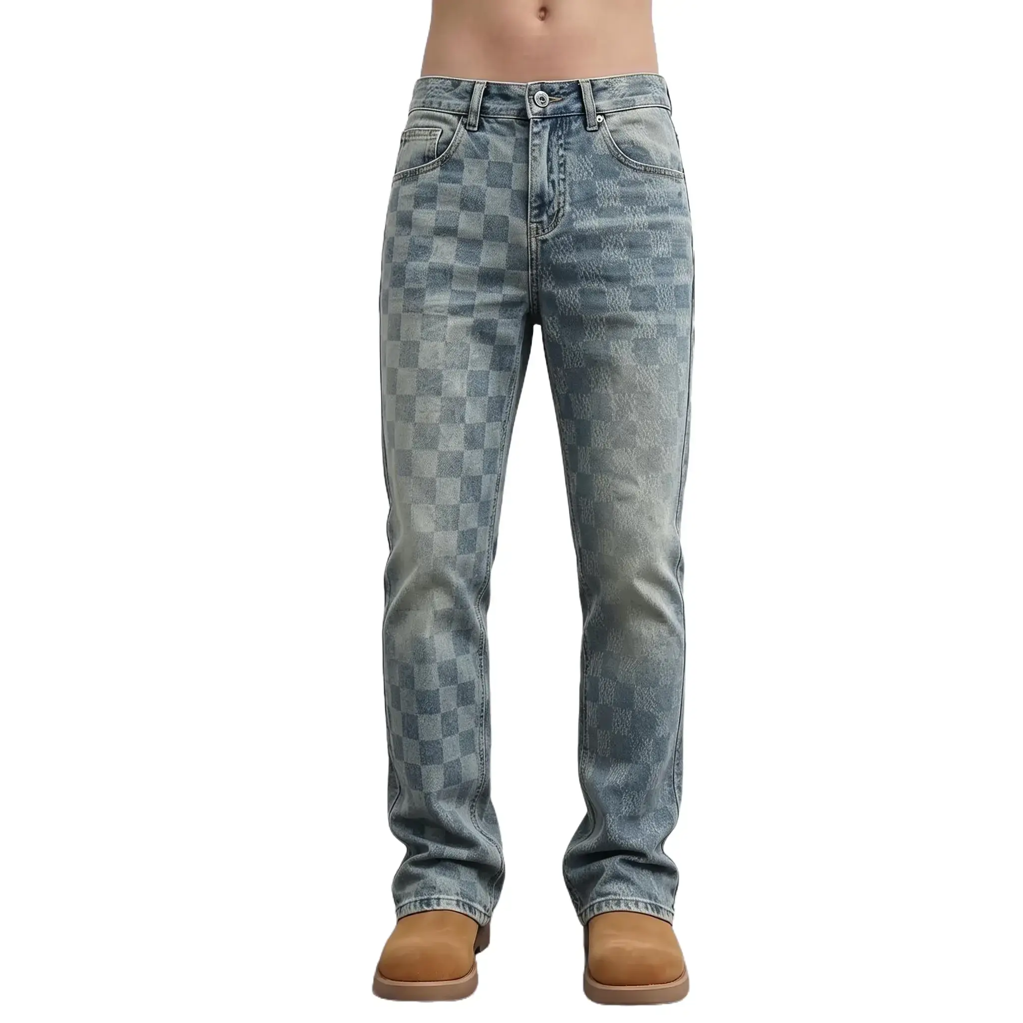 Vintage Checkerboard Slim Fit Jeans Men,Washed Blue Denim Pants Streetwear Tapered Leg Casual Jeans,Y2K High Street Checkered Slim Denim Jeans for Men Retro Acid Wash Tapered Casual Pants