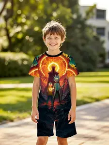 Boys' 3D Short Sleeve Set, Rick and Morty Flame Array Anime Print Summer, Casual Slim-Fitting Kids Clothing for Outdoor Activities