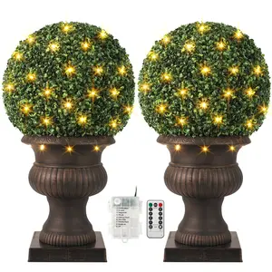 20” Artificial Plant Topiary Ball, Pre-Lit Artificial Topiary Plant with 50 Lights, Timer and Remote Control, Artificial Outdoor Porch Trees with Sturdy Pot for Outdoor Indoor，Red Urn Base 2 pcs Decor Fruit Decorative Decoration Faux Hanging Set Ornaments