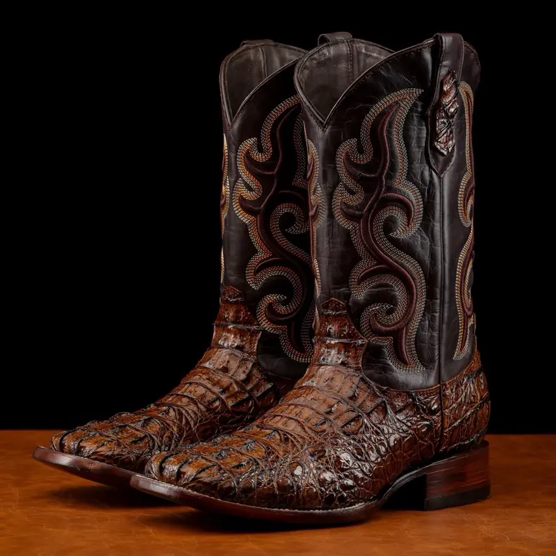Honey Cognac Caiman Neck Print Leather Boots - Square Toe