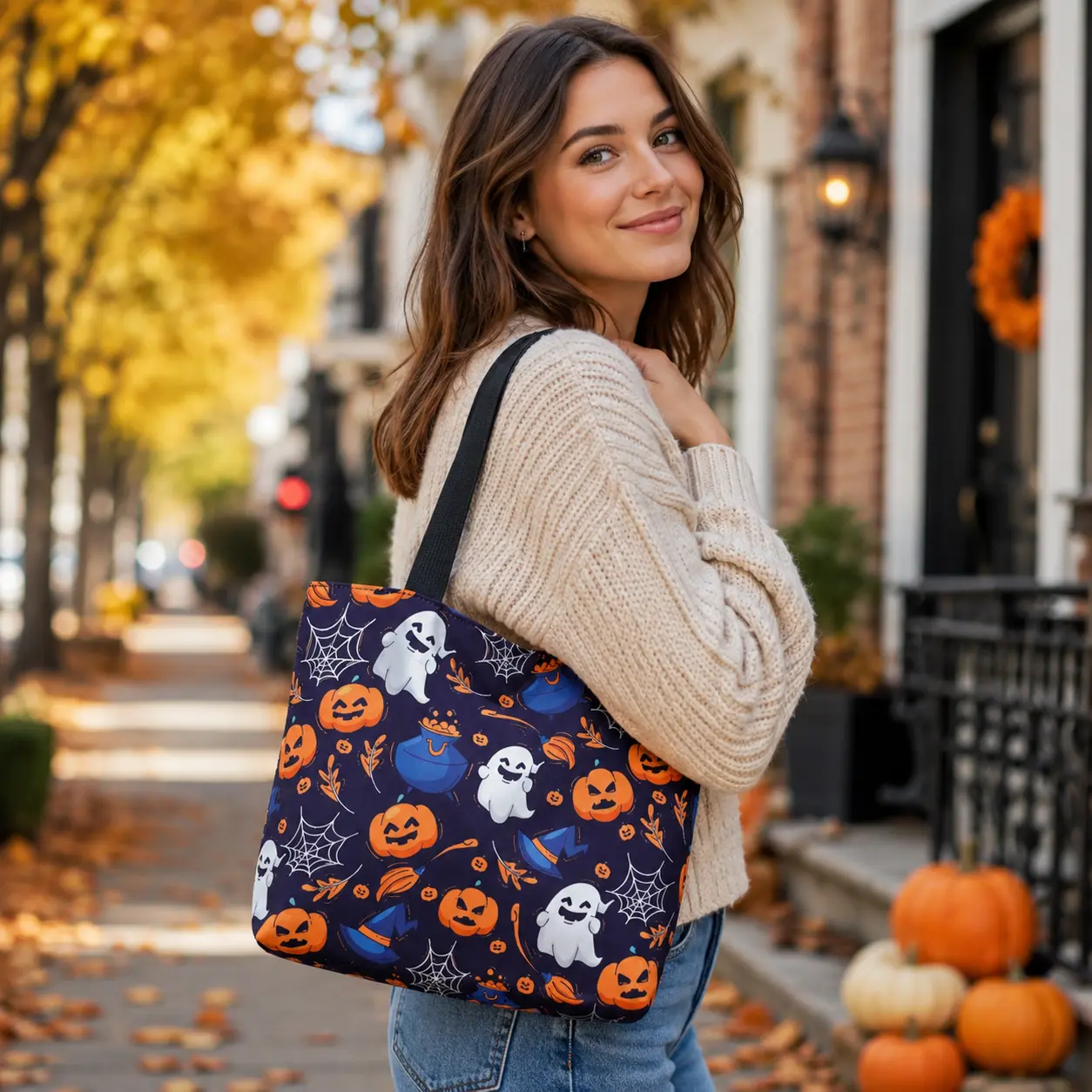 2026 New Arrival Large Capacity Halloween Tote Handbag, Spooky Ghost Pumpkin Witch Pattern Stylish Fun Single Shoulder Bag for Daily Use