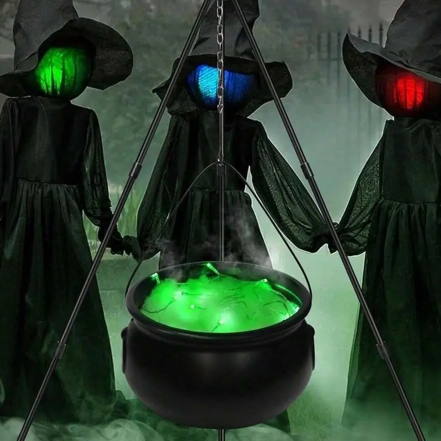 Light Up Witch Cauldron Halloween Decoration, Tripod Stand Candy Jar Holder, Spooky LED Decor for Outdoor Yard Lawn Halloween Trick or Treat Party Supplies