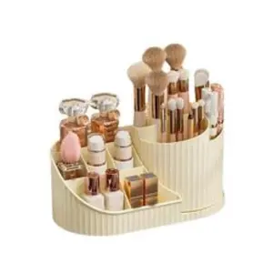 Rotating makeup storage box, Makeup Organizer Box, 360-degree rotating cosmetics storage container, durable plastic, space-saving design, suitable for items like brushes.