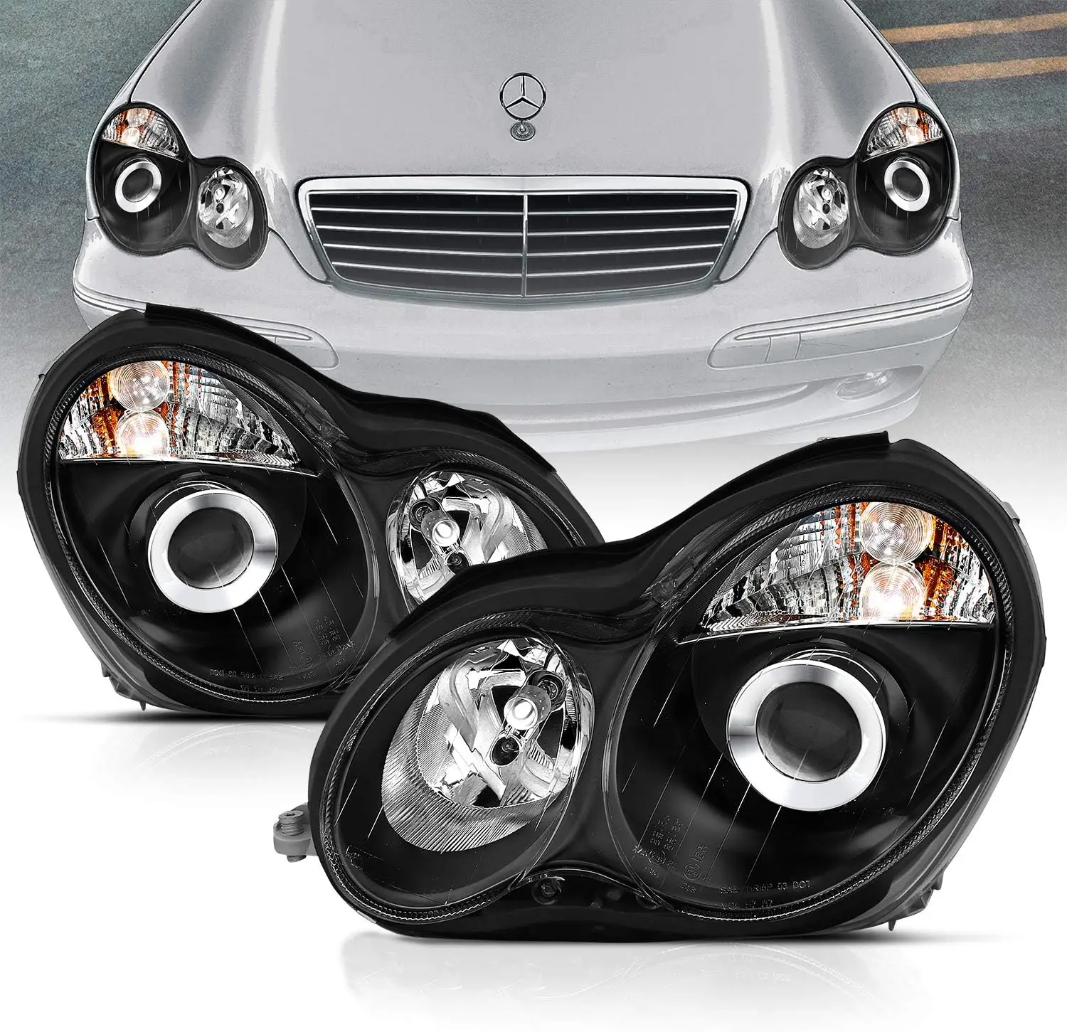 AmeriLite Projector Headlights Black for Mercedes-Benz C Class W203 - Passenger and Driver Side