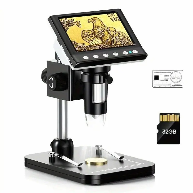 4.3'' IPS LCD Digital Microscope 1000X Magnification Microscope For Adults, Coin Collection Supplies With 8 Adjustable LEDs, Windows Compatible