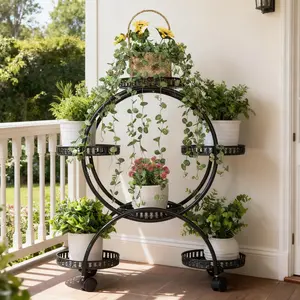 6 Potted Metal Plant Stand Garden Cart Wrought Iron Flower Pots Rack Holder Display Shelf with Wheels for Patio Porch Balcony Decoration