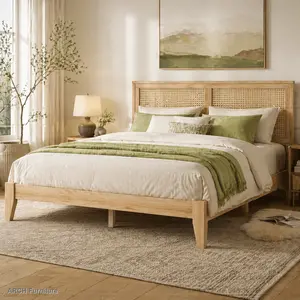 Queen Size Solid Oak White Wooden Platform Bed Frame with Rustic Rattan Weave Rustic Headboard, Rubberwood Support, and Underbed Storage Space - Indoor Bed Furniture