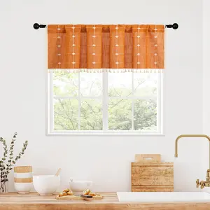 Orange Boho Kitchen Valances for Windows, Modern Farmhouse Valance Curtains for Living Room/Bedroom, French Country Cotton Linen Fabric Topper Window Curtain with Tassel, 52’’W x 18’’L