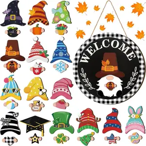 Interchangeable Wooden Gnome Decor Holiday Seasonal Gnome Decorations with Magnet Pieces and Detachable Hats Changeable Welcome Sign for Home