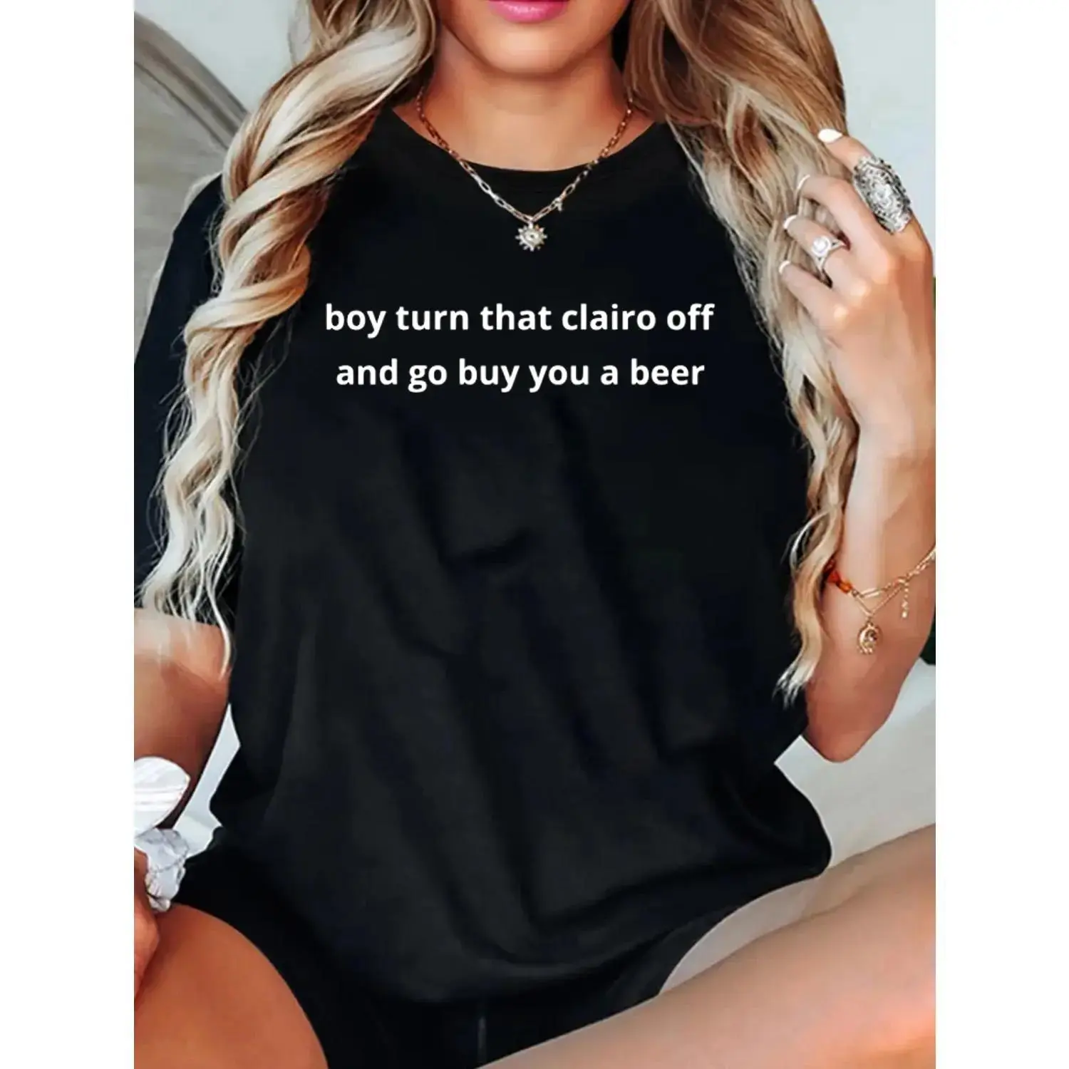 Women's Humorous Clairo Graphic T-Shirt, Round Neck Streetwear Top, Classic Unisex Fit Cotton Tee with "Boy Turn That Clairo Off And Go Grab You A Beer" Meme, Ideal for Indie Alternative Casual Wear